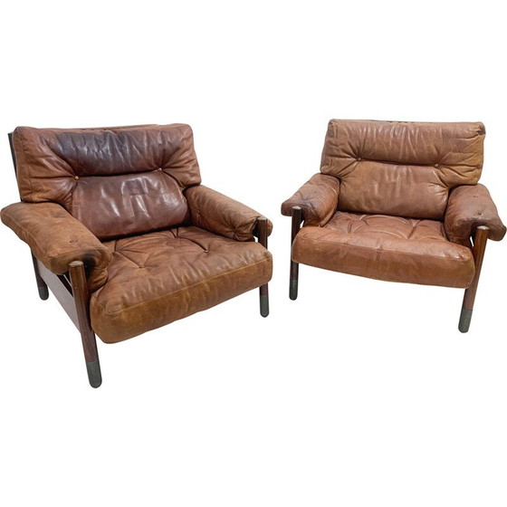 Image 1 of Pair of mid-century cognac leather armchairs by Carlo de Carli , Italy 1960s