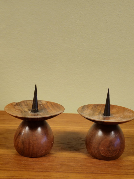 Image 1 of Mid-Century Teak Candlestick Candle Holder Candlesticks Vintage