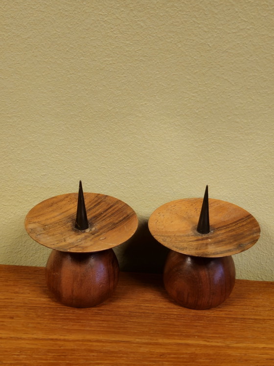 Image 1 of Mid-Century Teak Candlestick Candle Holder Candlesticks Vintage