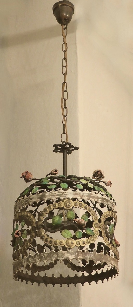 Italian Painted Iron And Tole Boho Pendant Light, 1950S