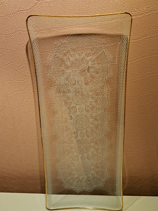 Serving Bowl Glass Lace Motif With Gold Edge