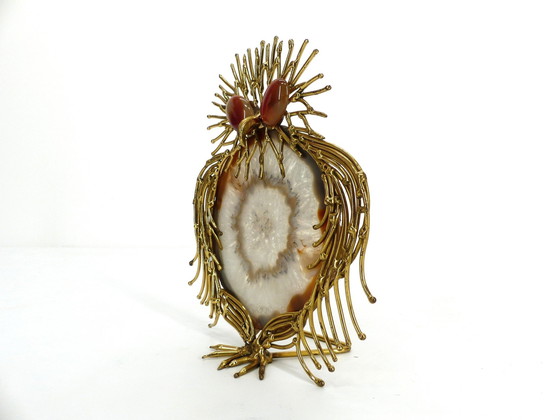 Image 1 of Brutalist Owl Brass And Agate Sculpture 1970