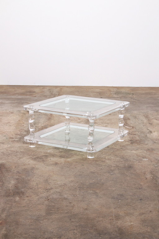 Table basse française en lucite et verre Maison Romeo, 1970