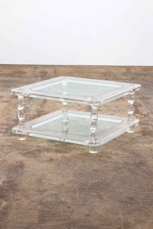 Table basse française en lucite et verre Maison Romeo, 1970