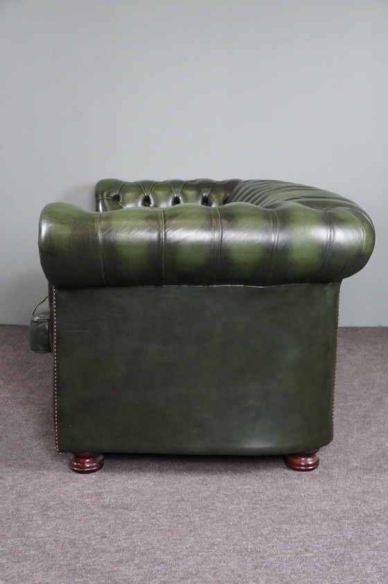 Image 1 of Green cow leather Chesterfield sofa, 2 seater