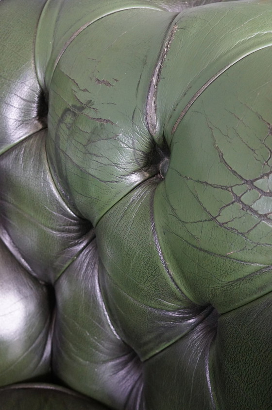 Image 1 of Green cow leather Chesterfield sofa, 2 seater