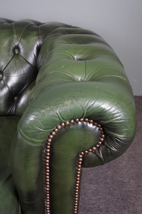 Image 1 of Green cow leather Chesterfield sofa, 2 seater