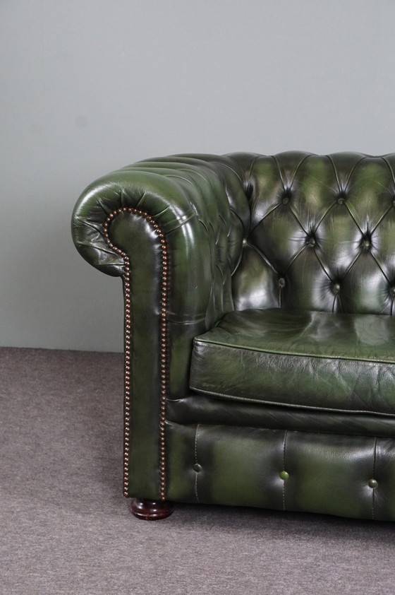 Image 1 of Green cow leather Chesterfield sofa, 2 seater