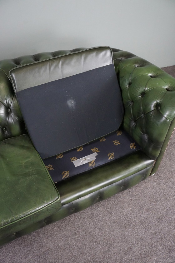 Image 1 of Green cow leather Chesterfield sofa, 2 seater