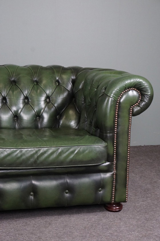 Image 1 of Green cow leather Chesterfield sofa, 2 seater