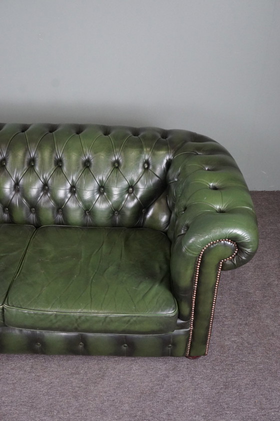 Image 1 of Green cow leather Chesterfield sofa, 2 seater