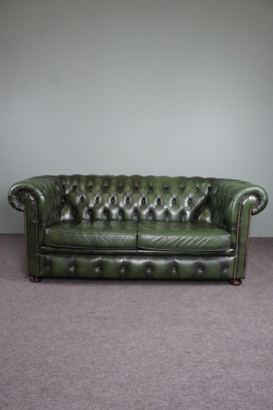 Image 1 of Green cow leather Chesterfield sofa, 2 seater