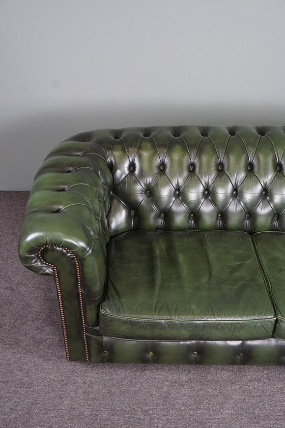 Image 1 of Green cow leather Chesterfield sofa, 2 seater