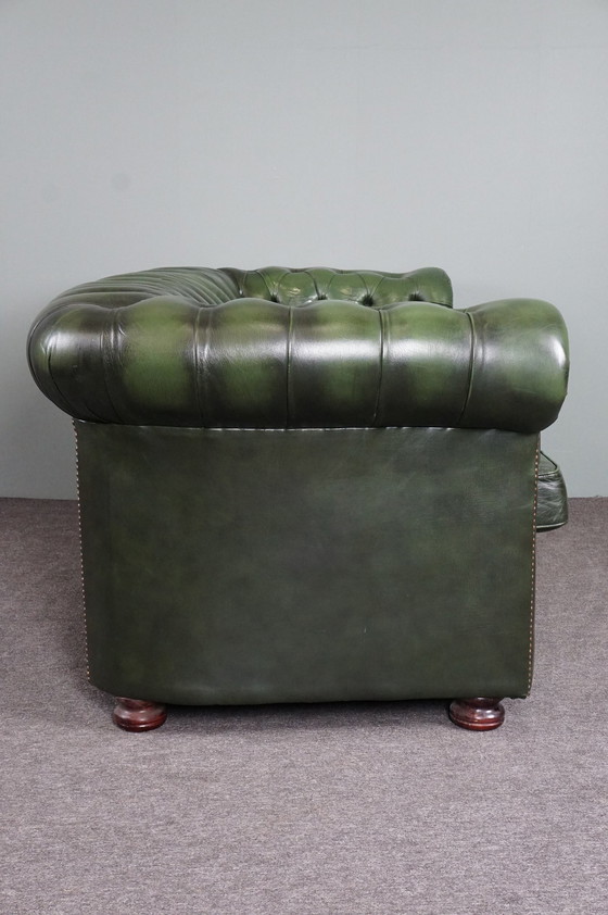 Image 1 of Green cow leather Chesterfield sofa, 2 seater