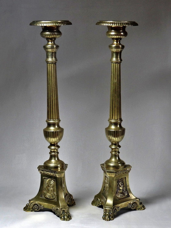 Image 1 of Pair De Grands Piques Cierges D'Église Xixe Bronze Doré Anciens