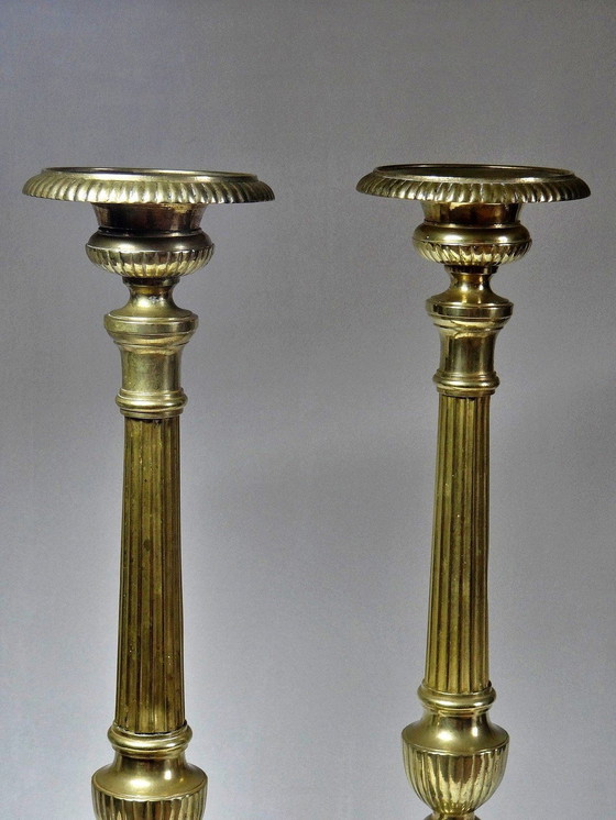 Image 1 of Pair De Grands Piques Cierges D'Église Xixe Bronze Doré Anciens