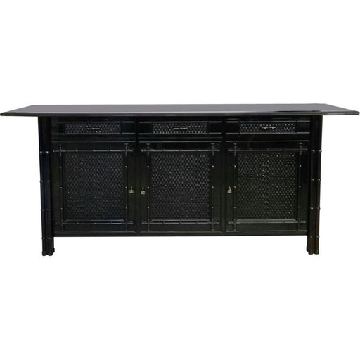 Vintage bamboo and black lacquered rattan sideboard, Italy 1970