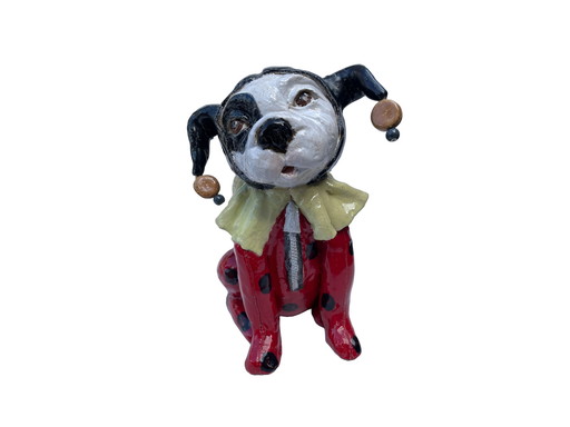 Chien d'art en céramique en costume de clown