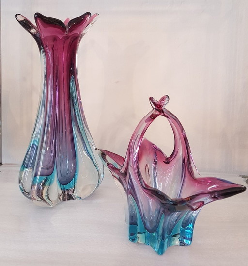 2X Murano Vase And Bowl With Handle