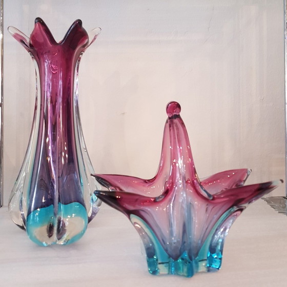 Image 1 of 2X Murano Vase And Bowl With Handle