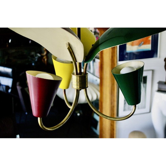 Image 1 of Lampadario tricolore vintage in lamiera laccata, 1950