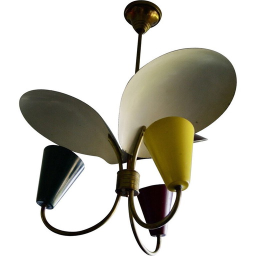 Vintage tricolour chandelier in lacquered sheet metal, 1950