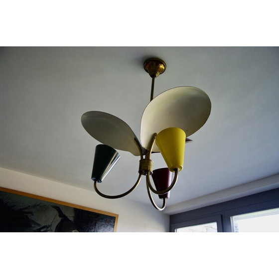 Image 1 of Lampadario tricolore vintage in lamiera laccata, 1950