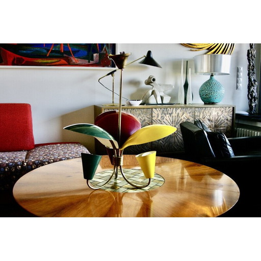Vintage tricolour chandelier in lacquered sheet metal, 1950