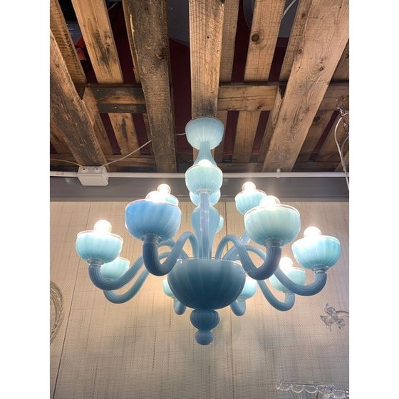 Image 1 of Contemporary Matte Light-Blue Murano Style Glass Chandelier