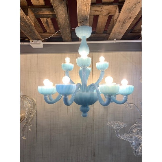 Image 1 of Contemporary Matte Light-Blue Murano Style Glass Chandelier