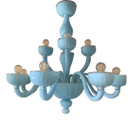 Image 1 of Contemporary Matte Light-Blue Murano Style Glass Chandelier