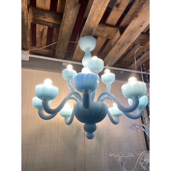 Image 1 of Contemporary Matte Light-Blue Murano Style Glass Chandelier