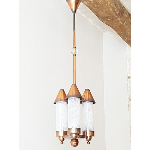 Vintage chandelier a piece of glass glued invisible copper and glass, 1940