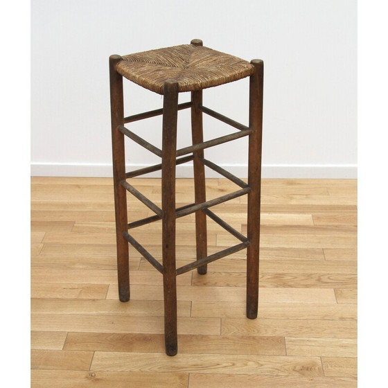 Image 1 of Pair of vintage wood and straw stools