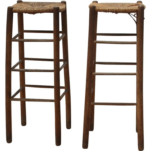 Pair of vintage wood and straw stools