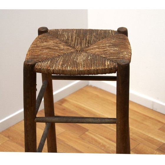 Image 1 of Pair of vintage wood and straw stools