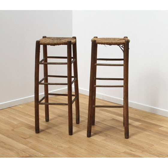 Image 1 of Pair of vintage wood and straw stools