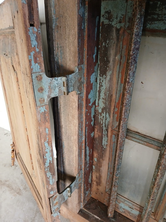 Image 1 of Antique Frame / Shutter Solid Oak With Wrought Iron Bars