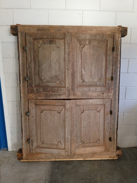 Image 1 of Antique Frame / Shutter Solid Oak With Wrought Iron Bars