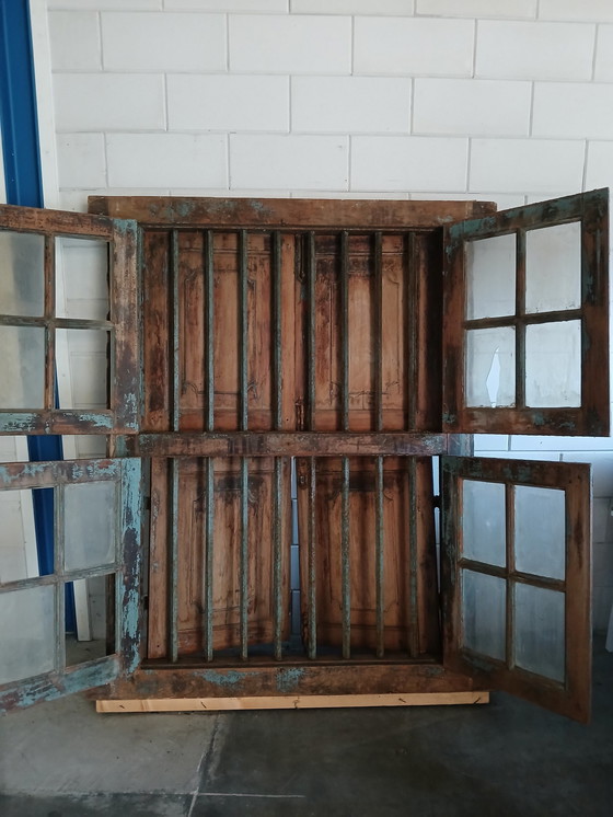 Image 1 of Antique Frame / Shutter Solid Oak With Wrought Iron Bars
