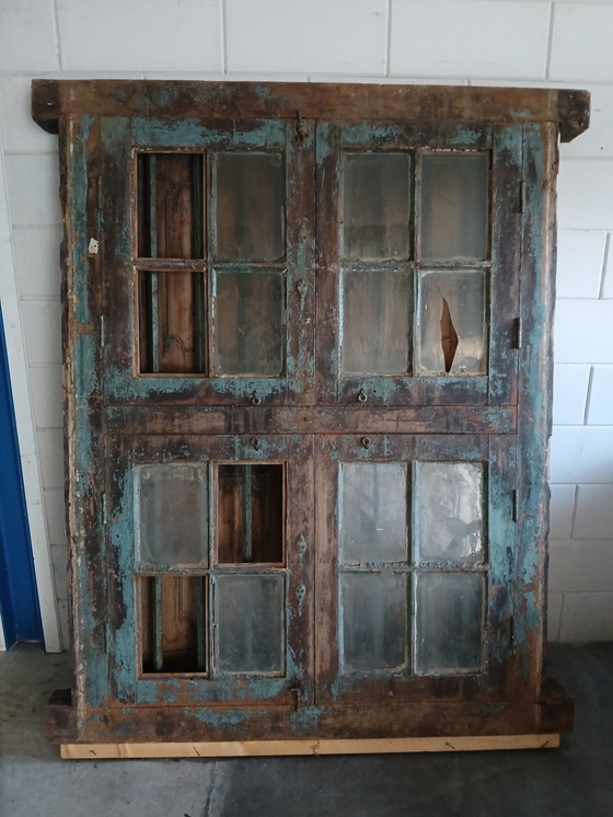 Image 1 of Antique Frame / Shutter Solid Oak With Wrought Iron Bars