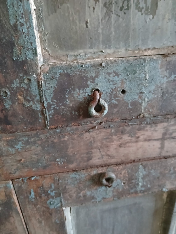 Image 1 of Antique Frame / Shutter Solid Oak With Wrought Iron Bars