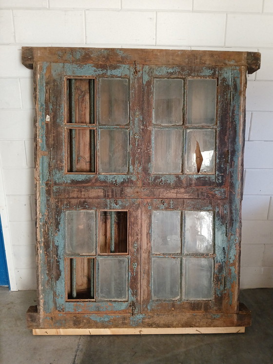 Image 1 of Antique Frame / Shutter Solid Oak With Wrought Iron Bars