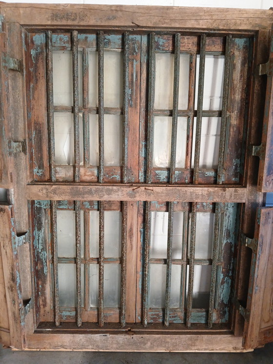 Image 1 of Antique Frame / Shutter Solid Oak With Wrought Iron Bars