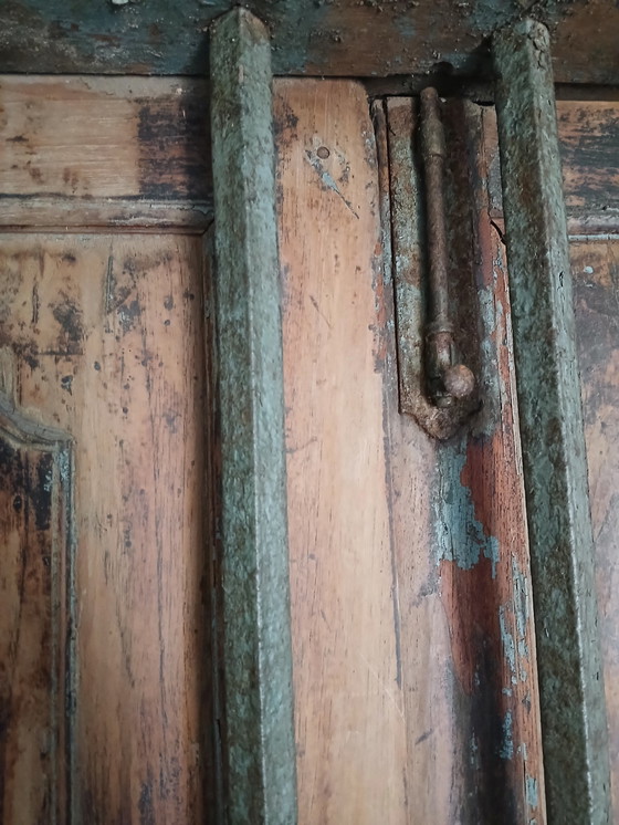 Image 1 of Antique Frame / Shutter Solid Oak With Wrought Iron Bars