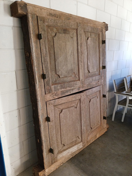 Image 1 of Antique Frame / Shutter Solid Oak With Wrought Iron Bars