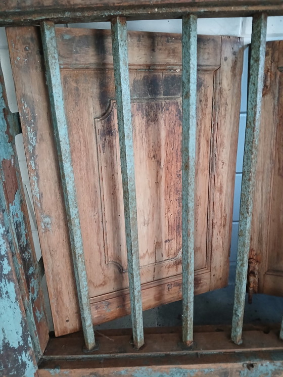 Image 1 of Antique Frame / Shutter Solid Oak With Wrought Iron Bars