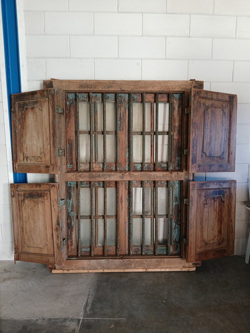 Antique Frame / Shutter Solid Oak With Wrought Iron Bars