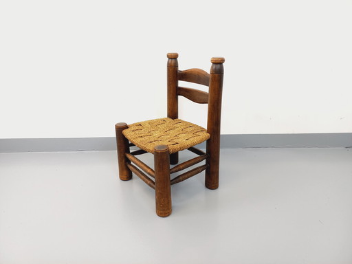 Charles Dudouyt Vintage Wood And Straw Brutalist Low Chair