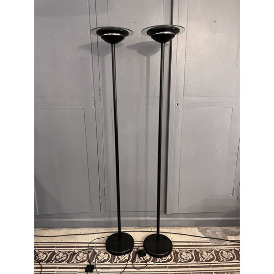 Image 1 of Pair of vintage floor lamps in black lacquered metal and glass disc, 1980